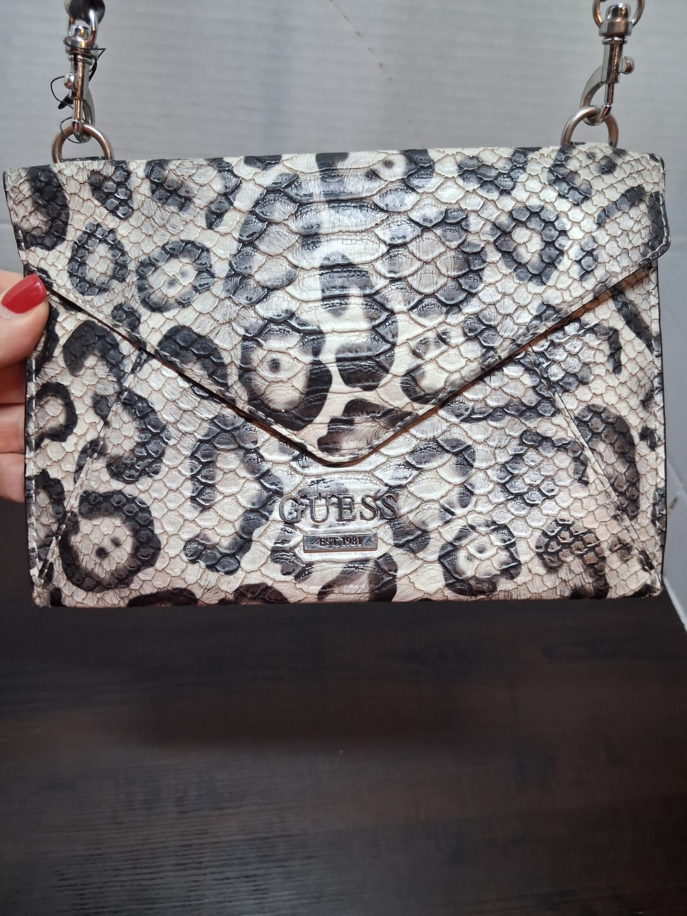 GUESS Snake-Print Envelope Crossbody in Beige and Black